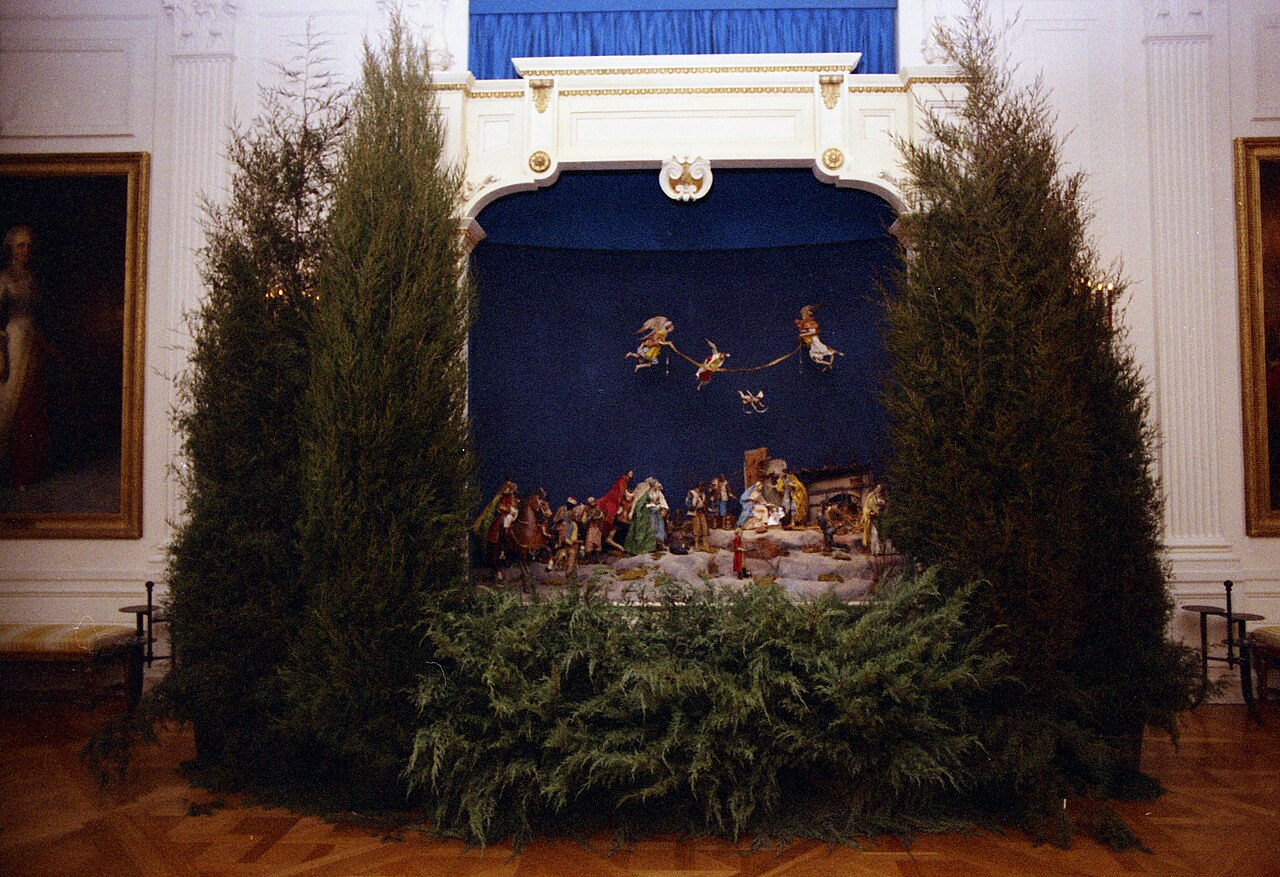 Donald Trump Jr — Photograph of a Crèche and Christmas Firs in the White House East Room