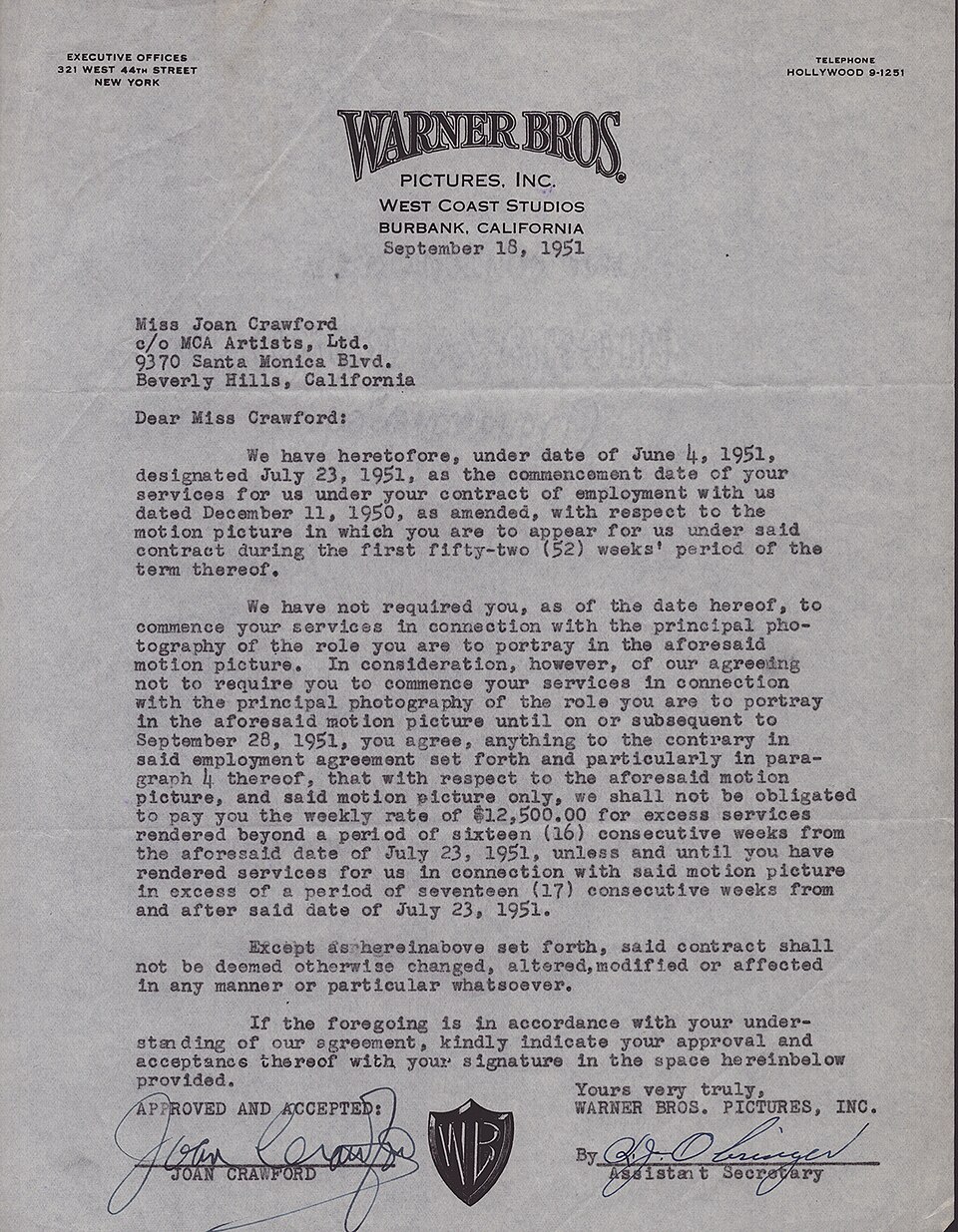Banijay Rights — Joan Crawford Warner Bros contract on September 18, 1951